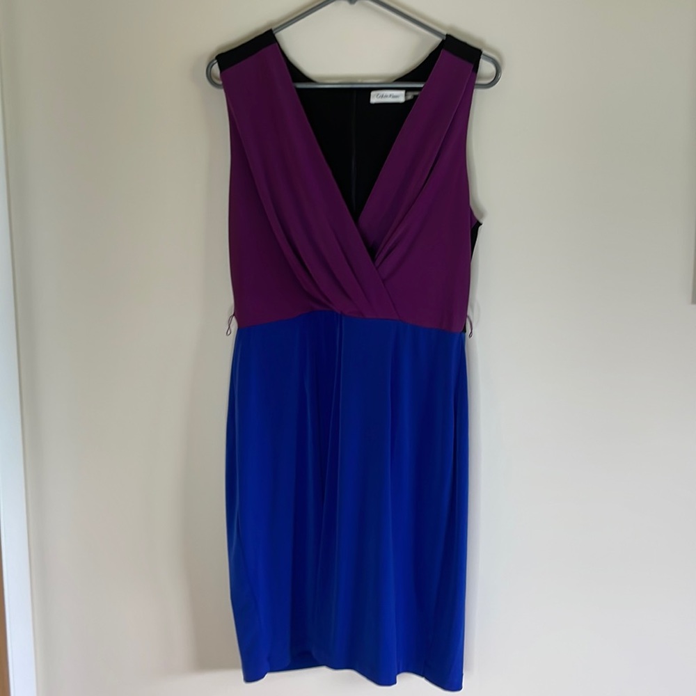Calvin Klein Womens 12 Color Blocked Purple Blue V Dress Stretchy Zipper